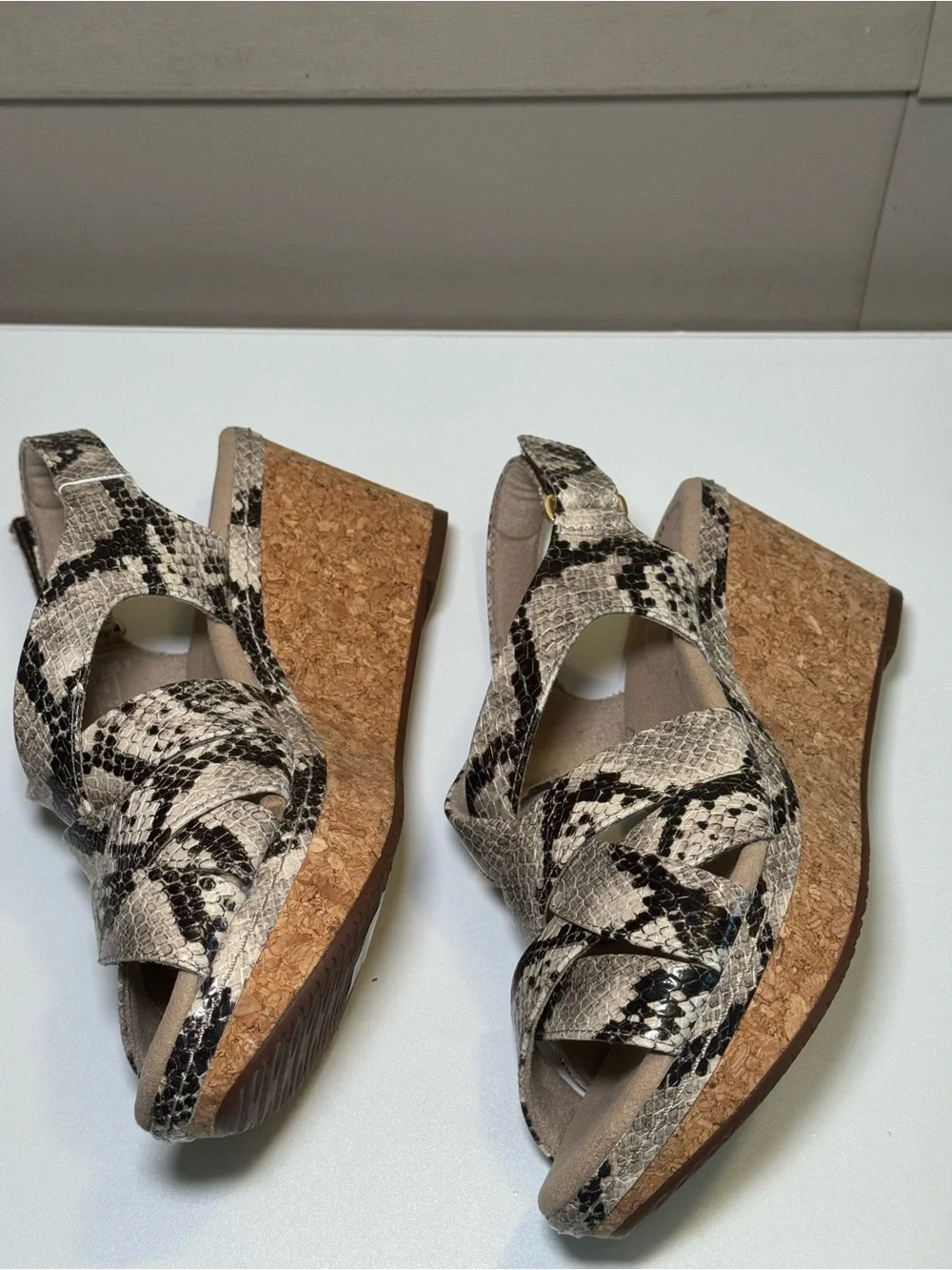 Clarks Women's Snake-Print Crisscross Wedge Sandals in Beige and Black